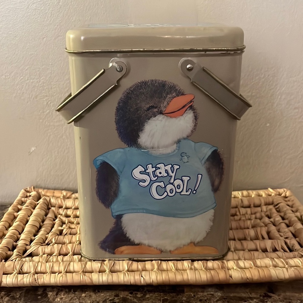 Vintage Hallmark Shirt Tales Penguin “Stay Cool” Tin Container with Handles